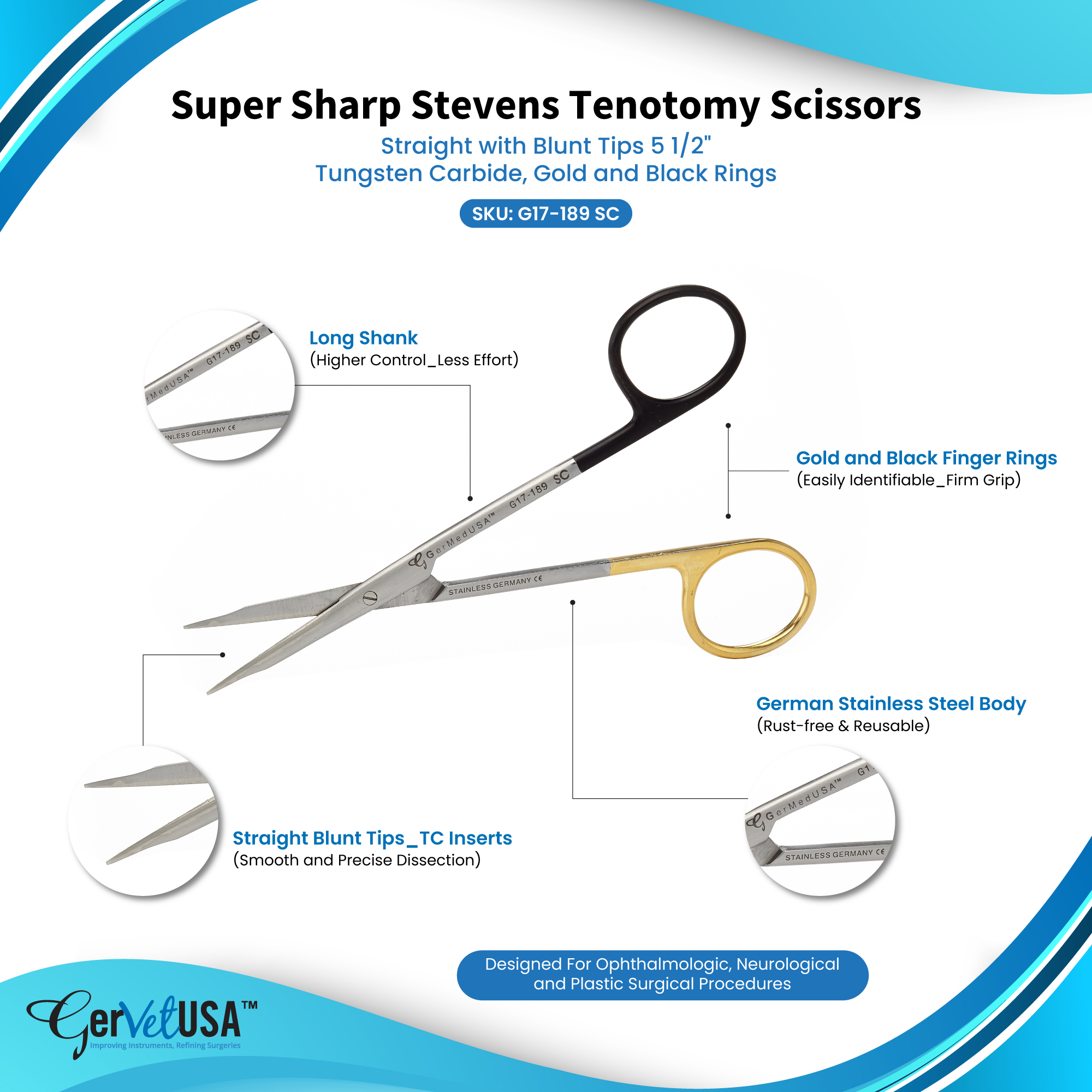 Super Sharp Stevens Tenotomy Scissors Straight with Blunt Tips 5 1/2" - Tungsten Carbide, Gold and Black Rings