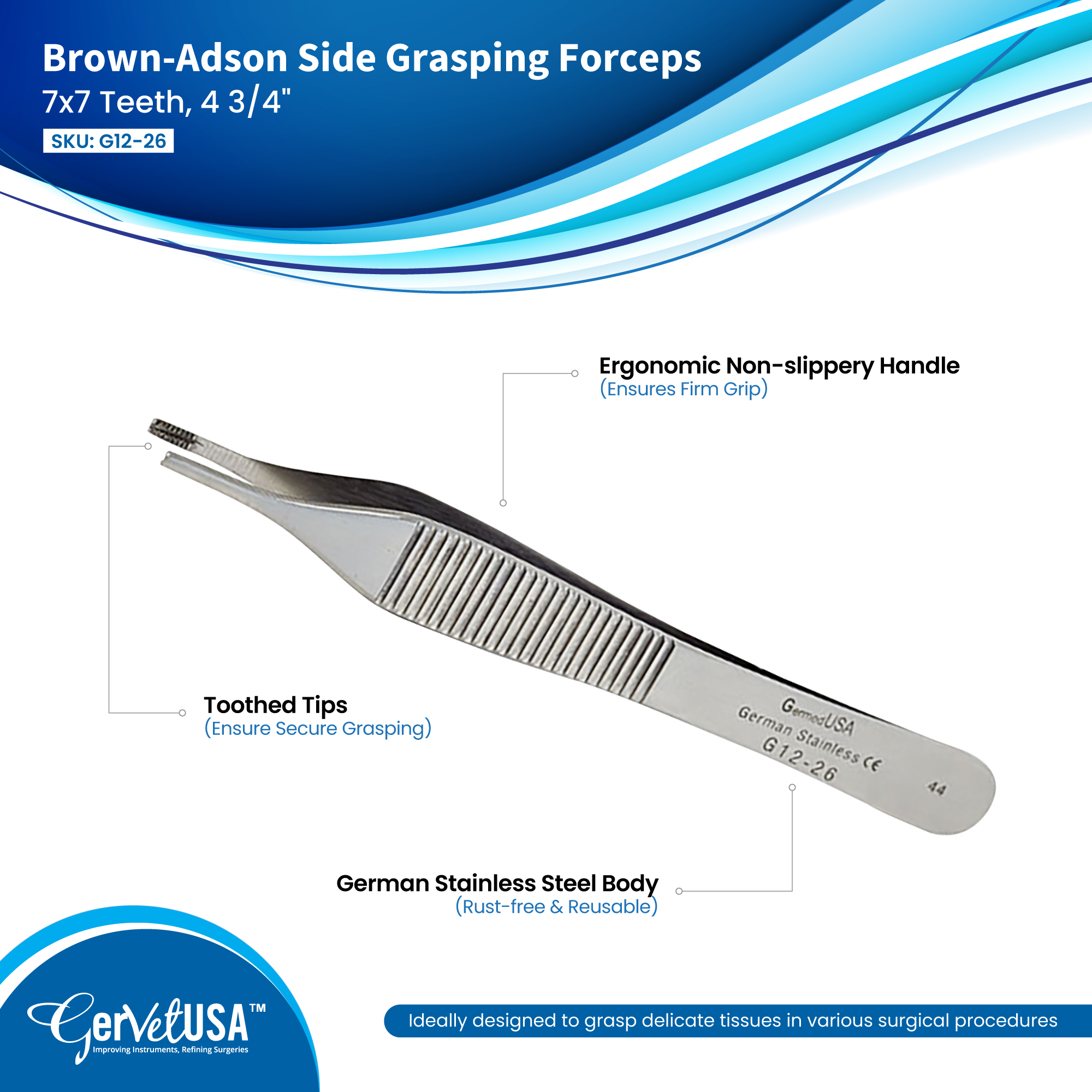 Adson Brown Side Grasping Forceps 7x7 Teeth, 4 3/4"