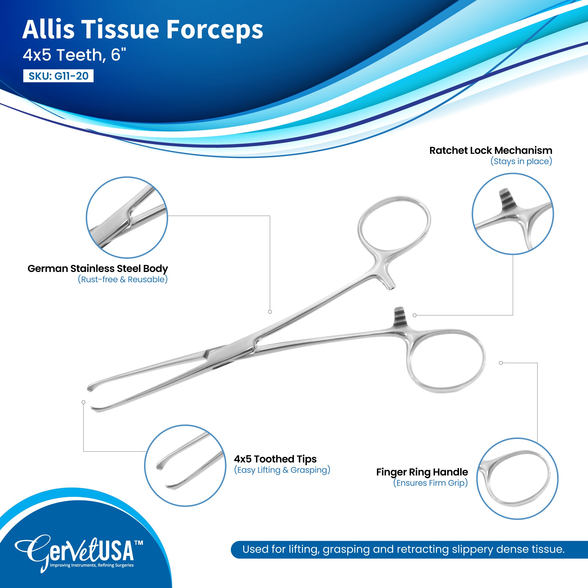 Allis Tissue Forceps 4x5 Teeth, 6"