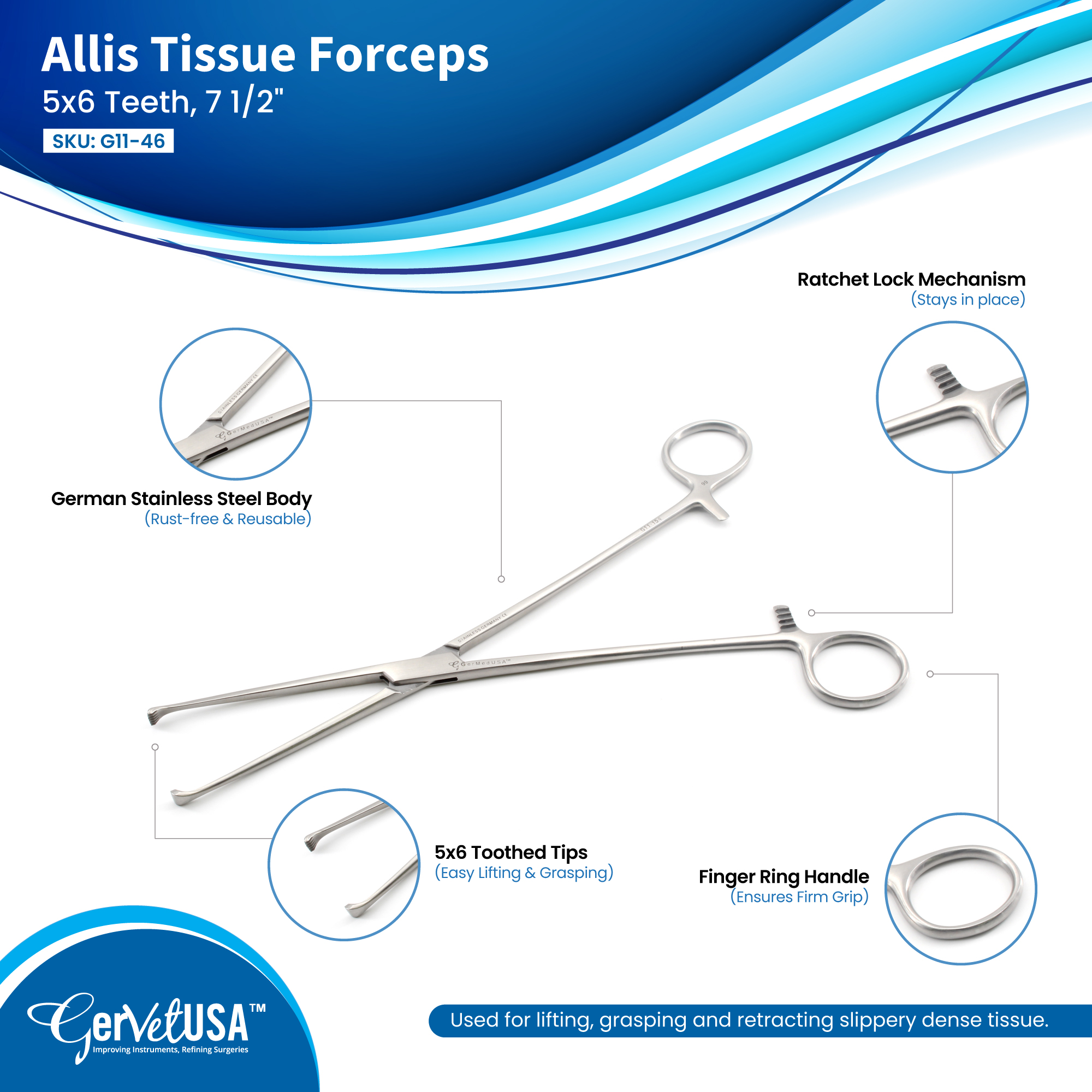 Allis Tissue Forceps 5x6 Teeth, 7 1/2"
