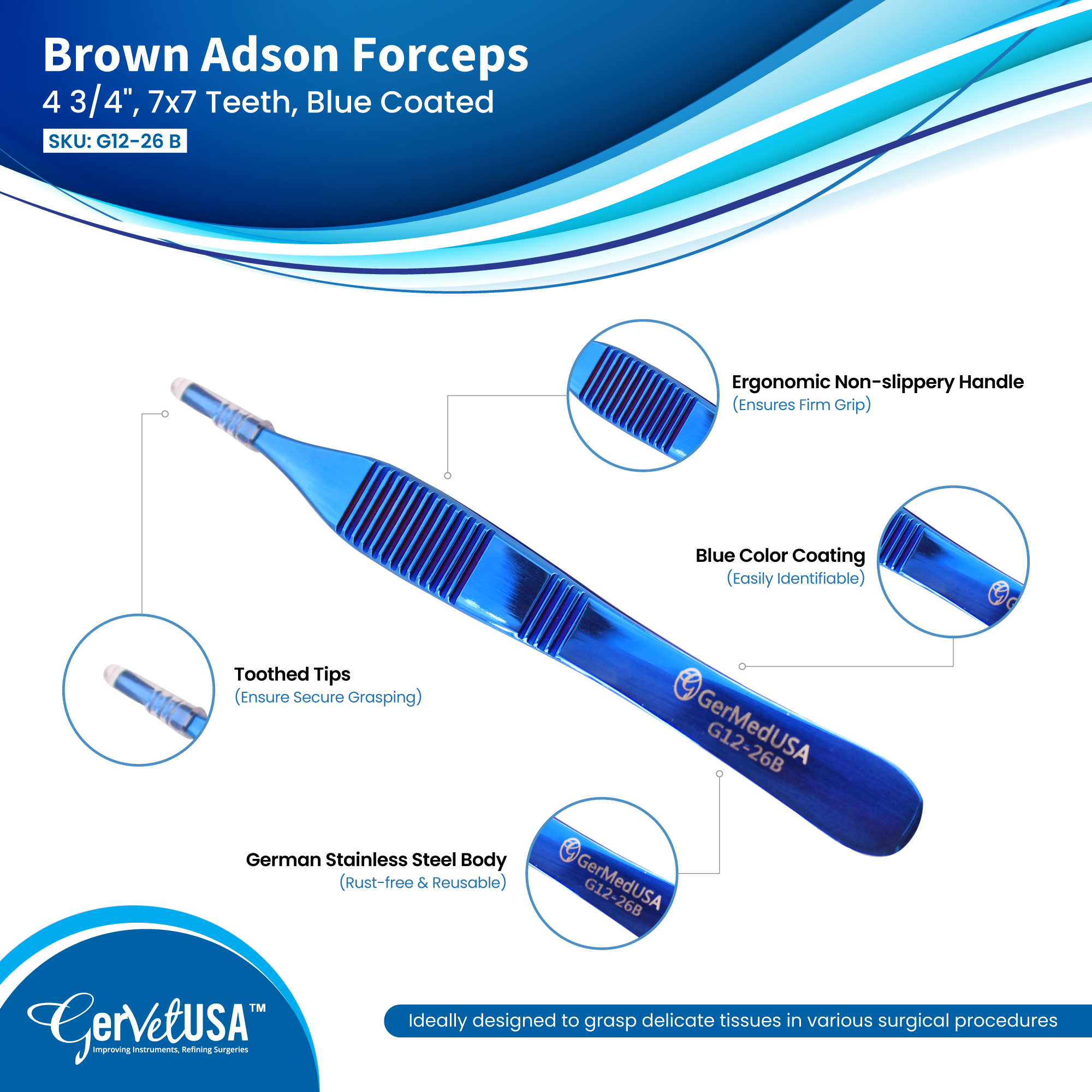Brown Adson Forceps 4 3/4", 7x7 Teeth, Blue Coated
