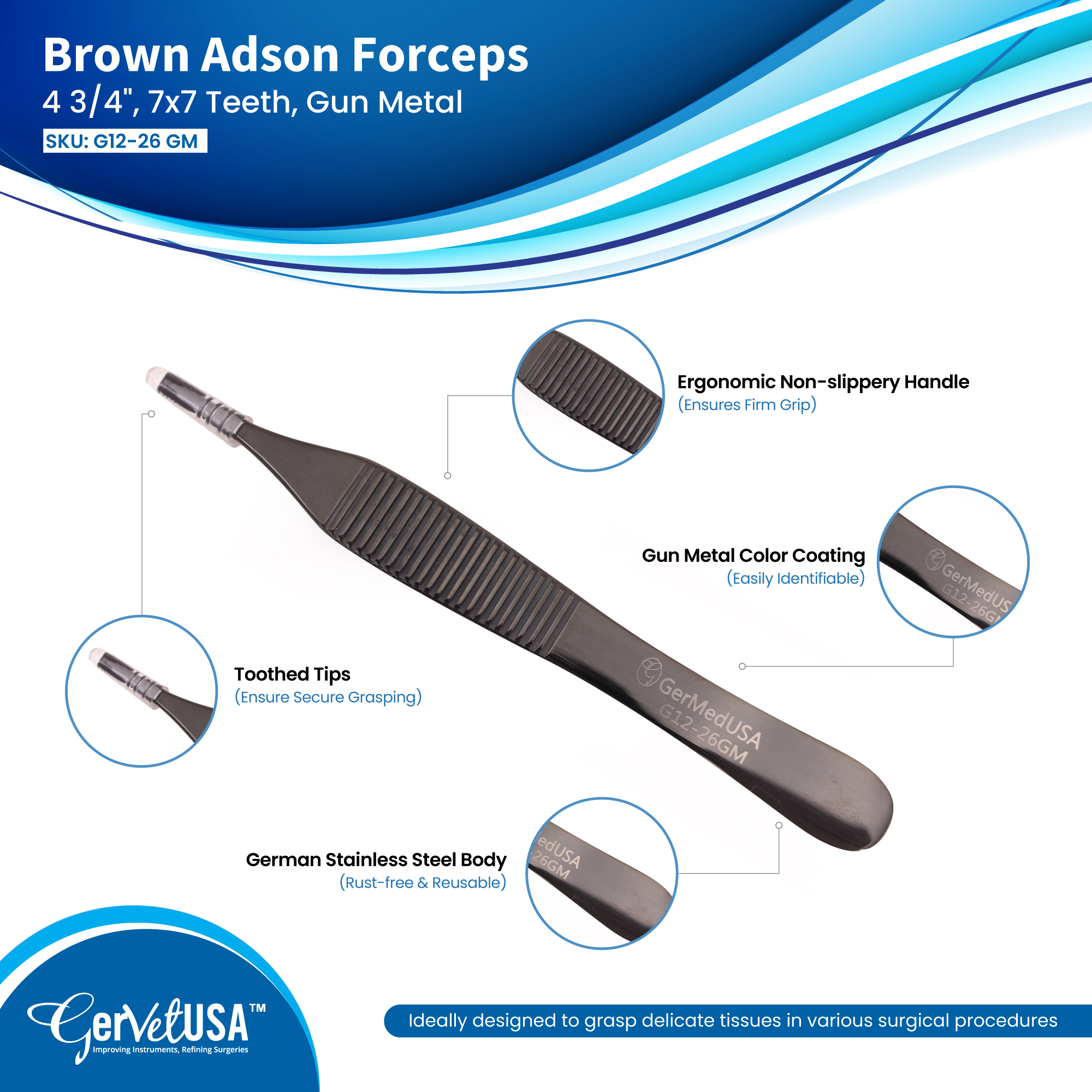 Brown Adson Forceps 4 3/4", 7x7 Teeth, Gun Metal