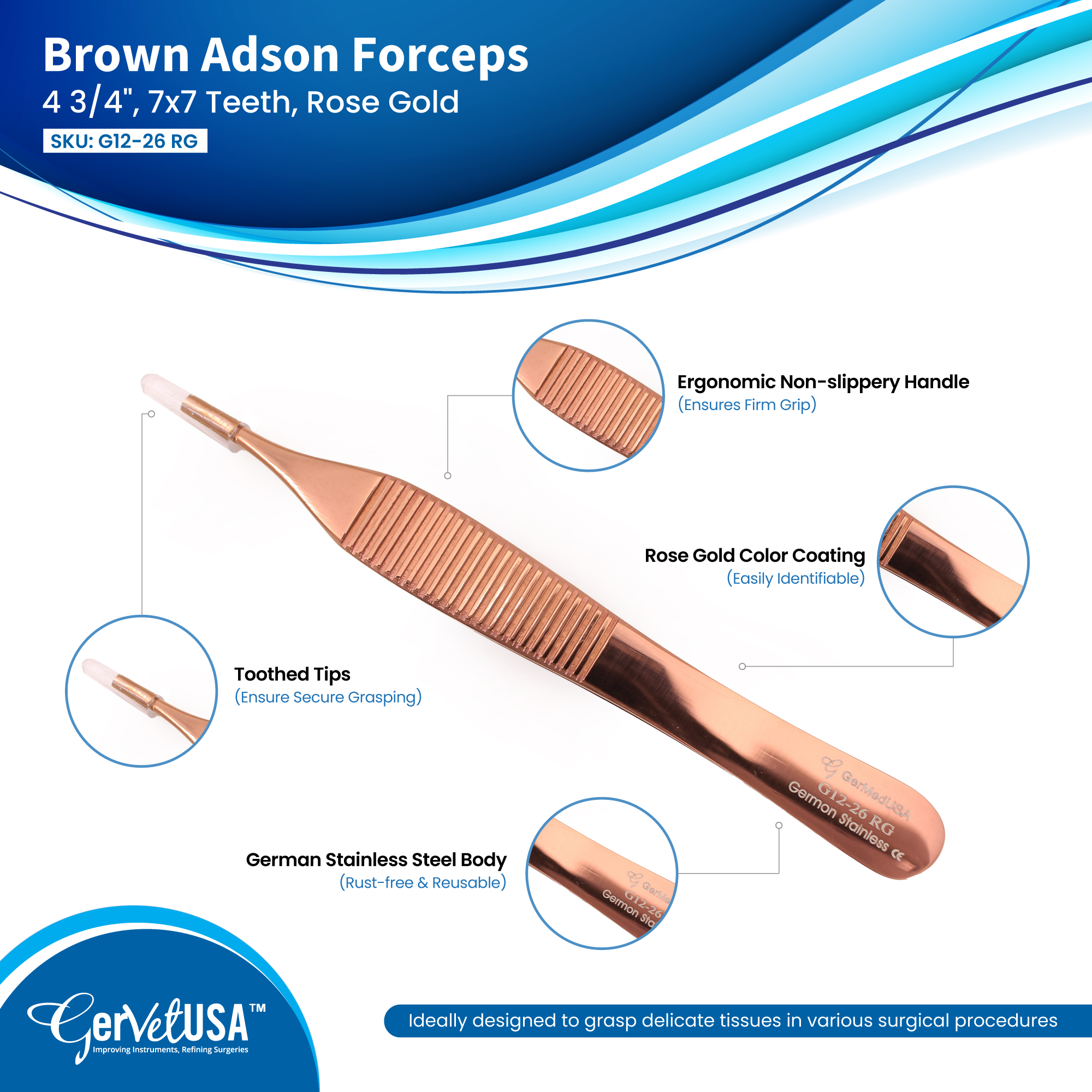 Brown Adson Forceps 4 3/4", 7x7 Teeth, Rose Gold