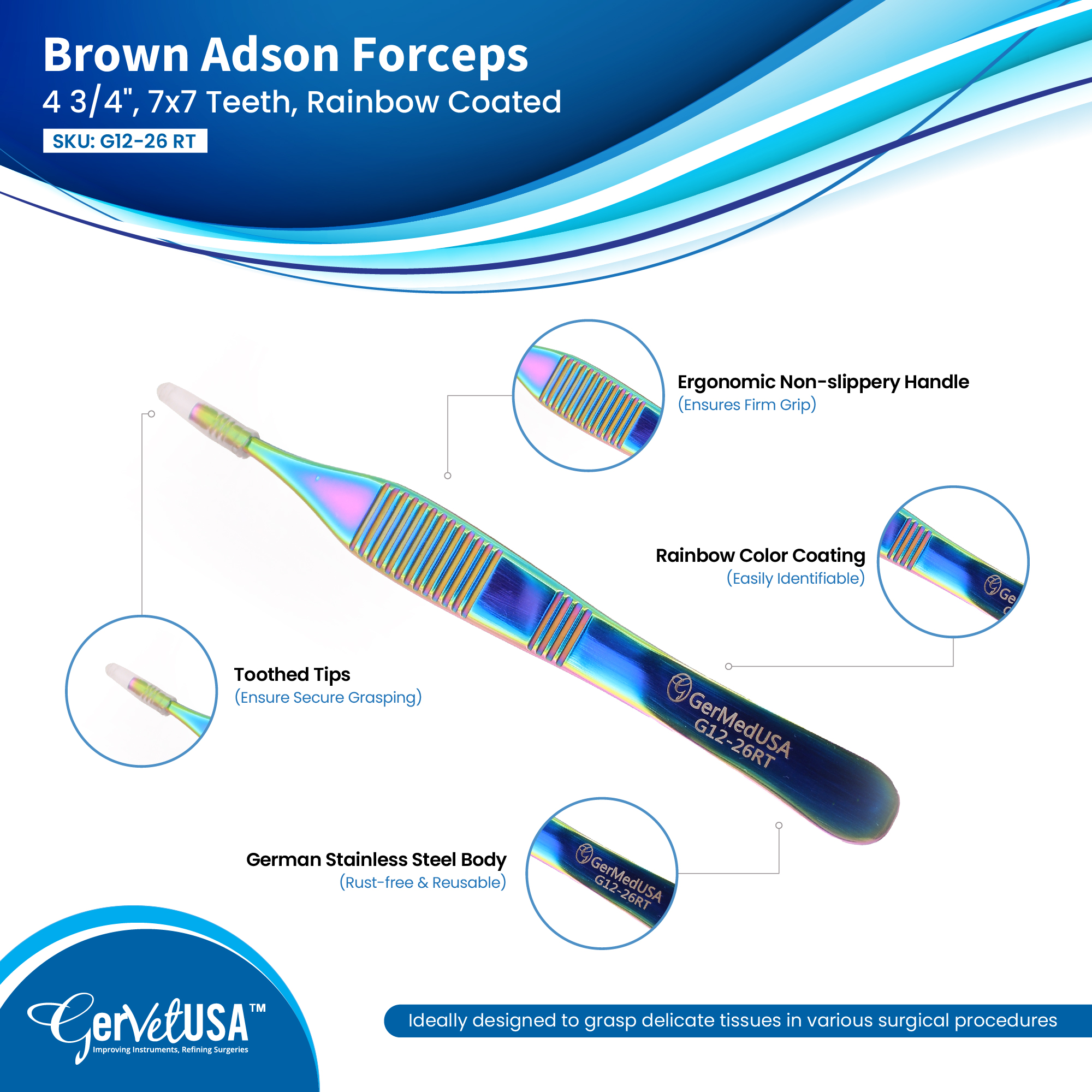 Brown Adson Forceps 4 3/4", 7x7 Teeth, Rainbow Coated