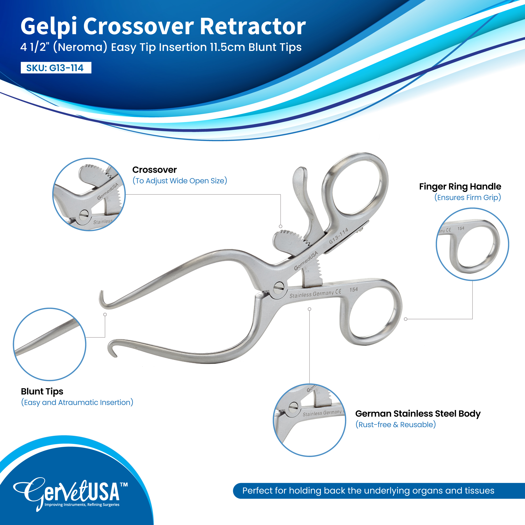 Gelpi Crossover Retractor (Neroma) Deep Angle 4 1/2" 11.5cm Blunt Tips