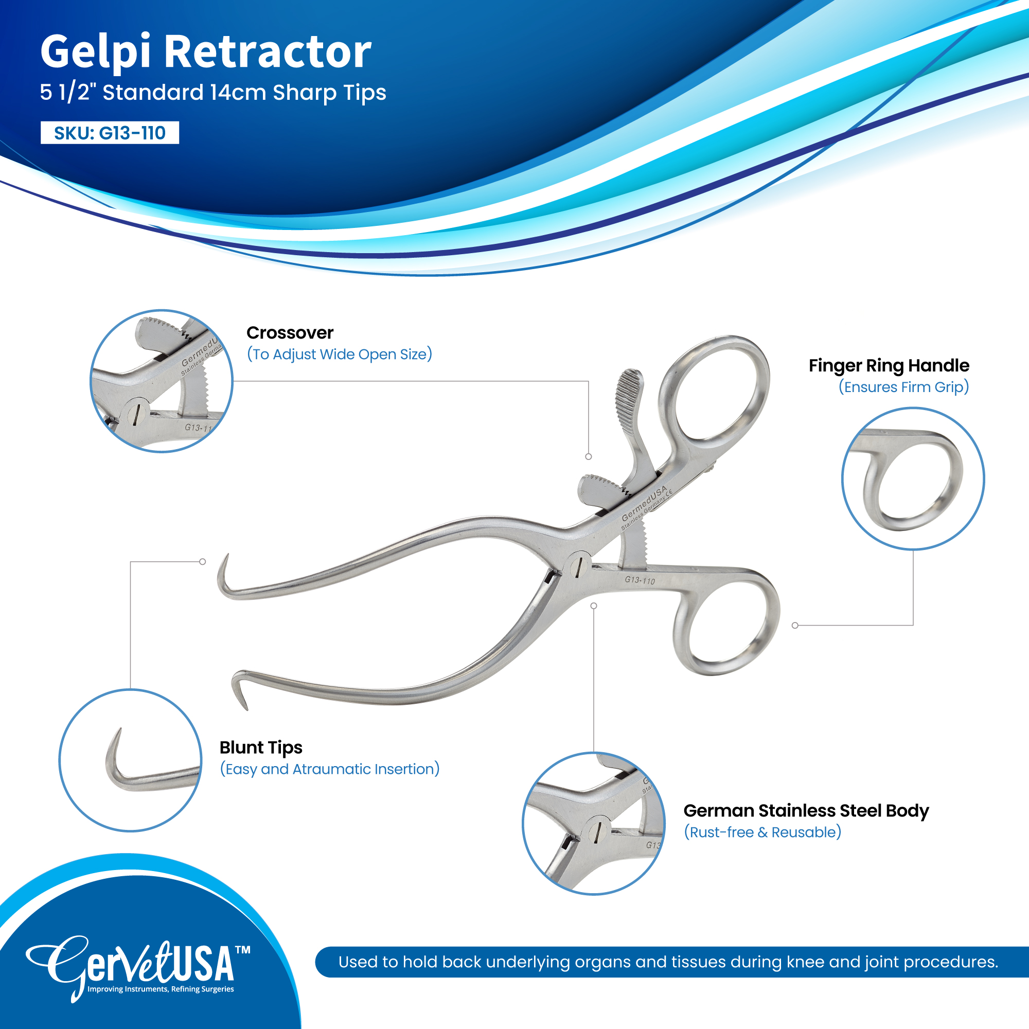 Gelpi Retractor 5 1/2" Standard 14cm Sharp Tips