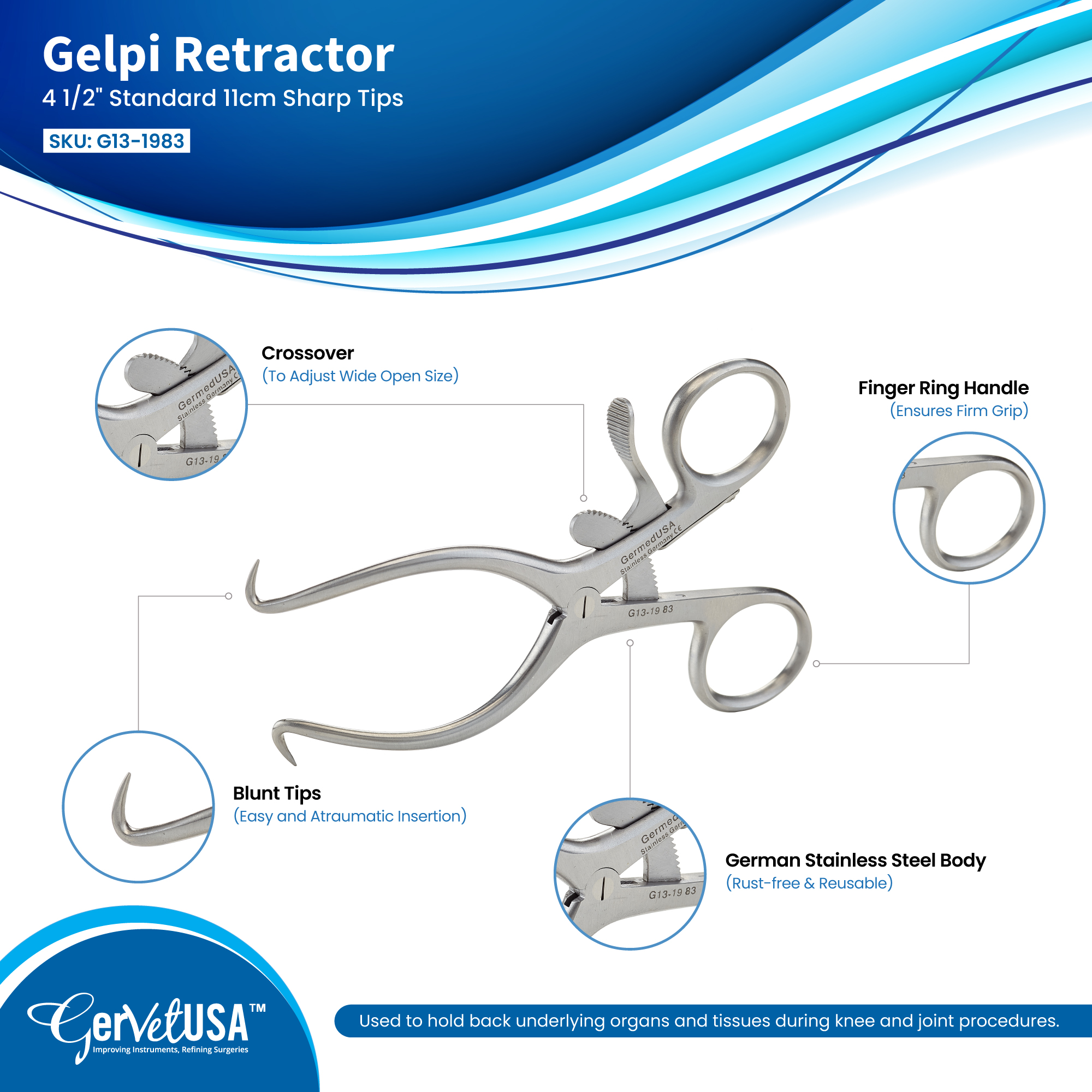 Gelpi Retractor 4 1/2" Standard 11cm Sharp Tips