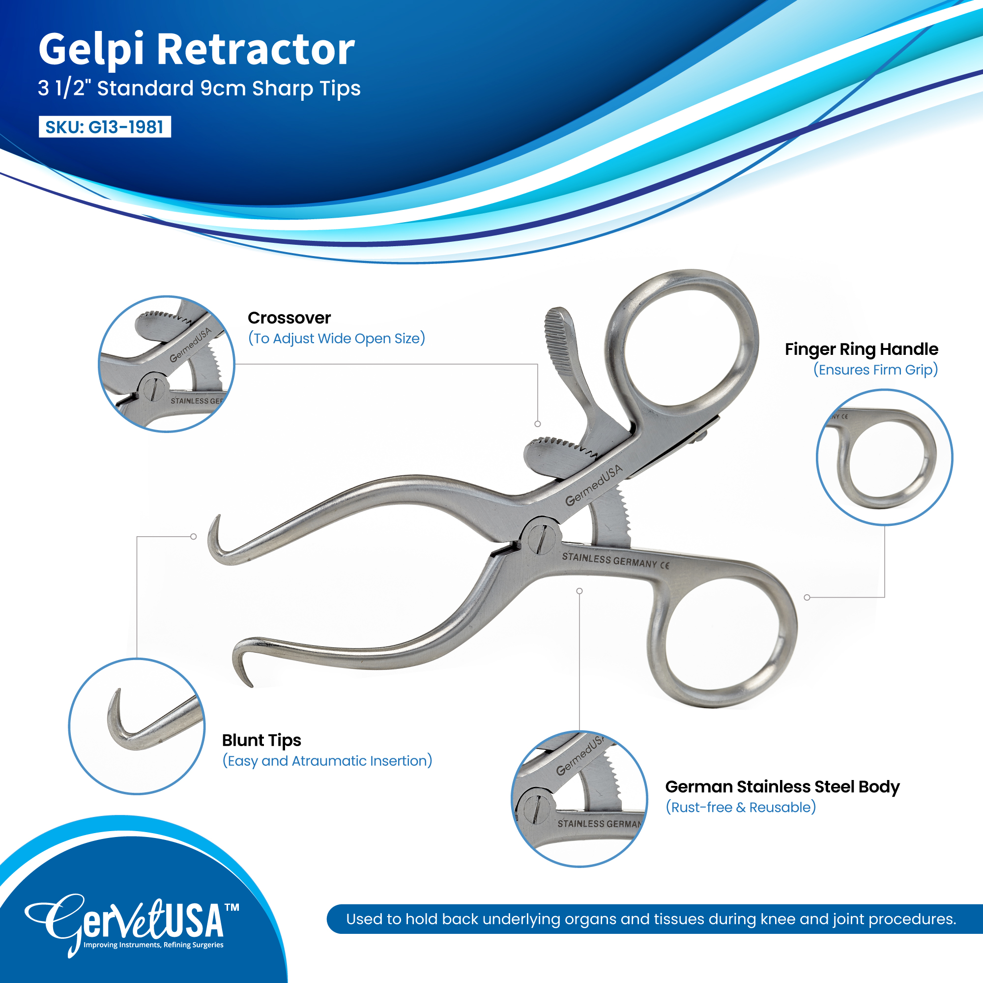 Gelpi Retractor 3 1/2" Standard 9cm Sharp Tips