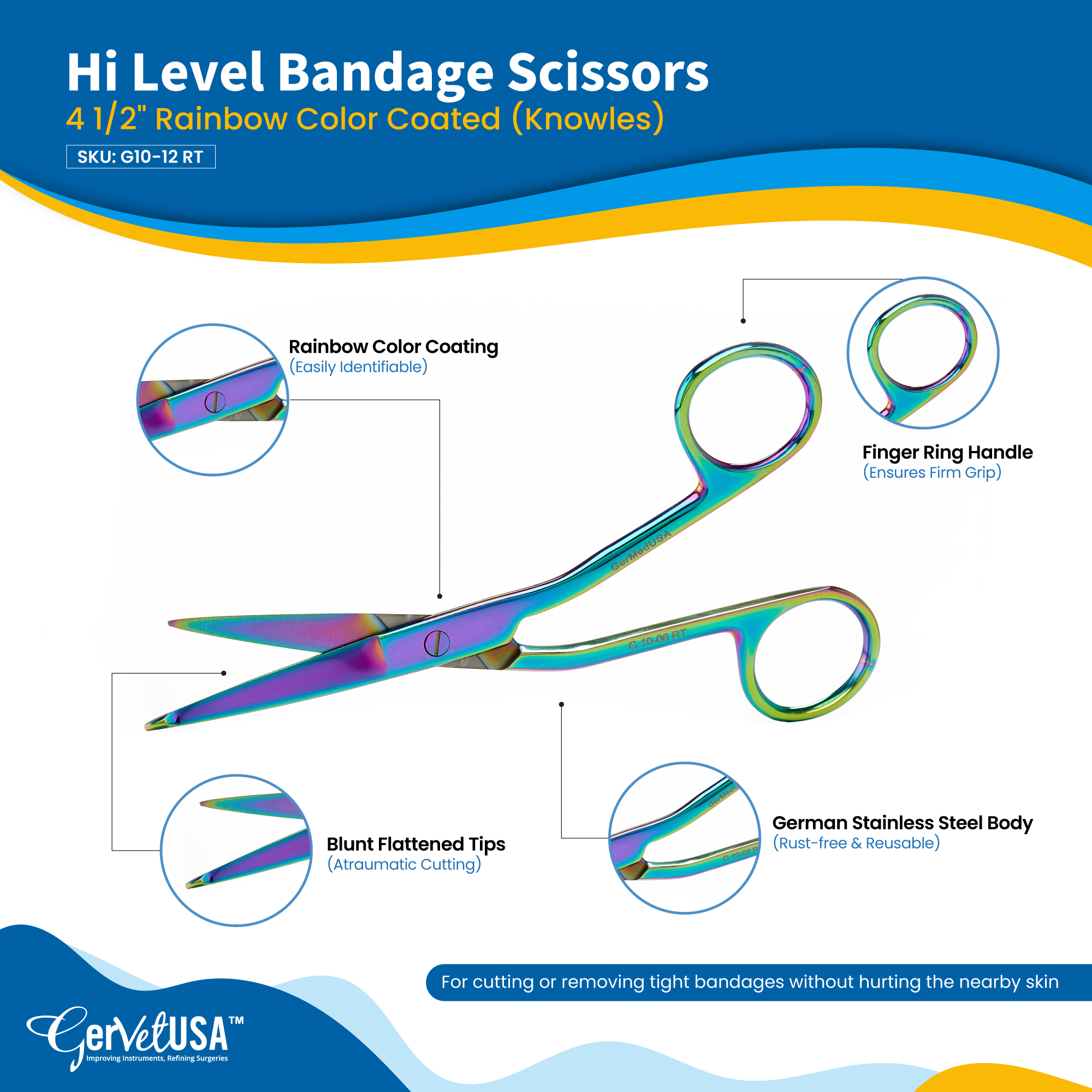 Hi Level Bandage Scissors 4 1/2" Rainbow Color Coated (Knowles)