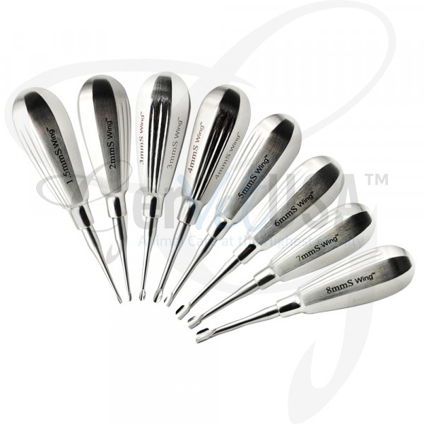 Winged Dental Elevator Set of 8 with Straight Tip, Short Handle