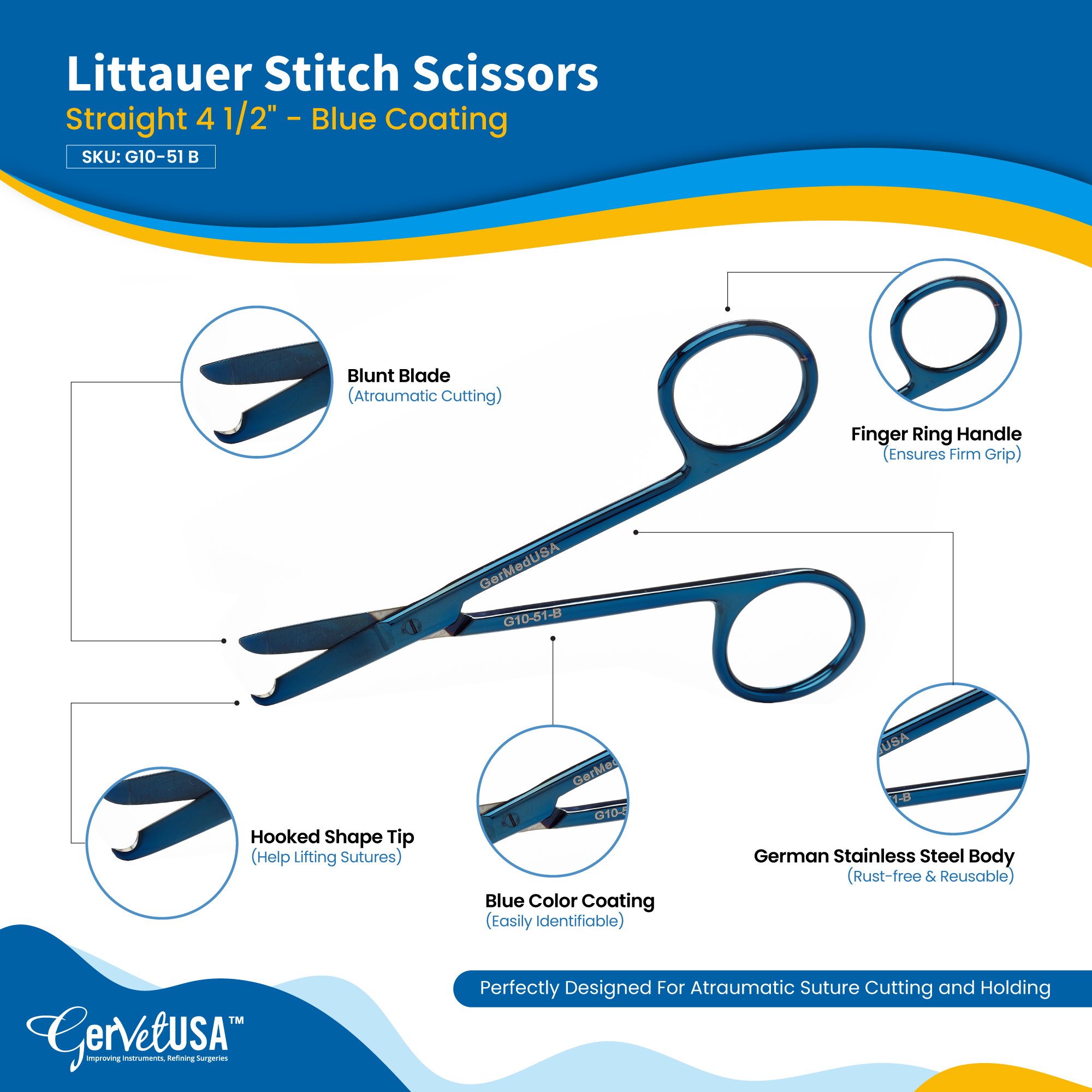 Littauer Stitch Scissors Straight 4 1/2" - Blue Coating