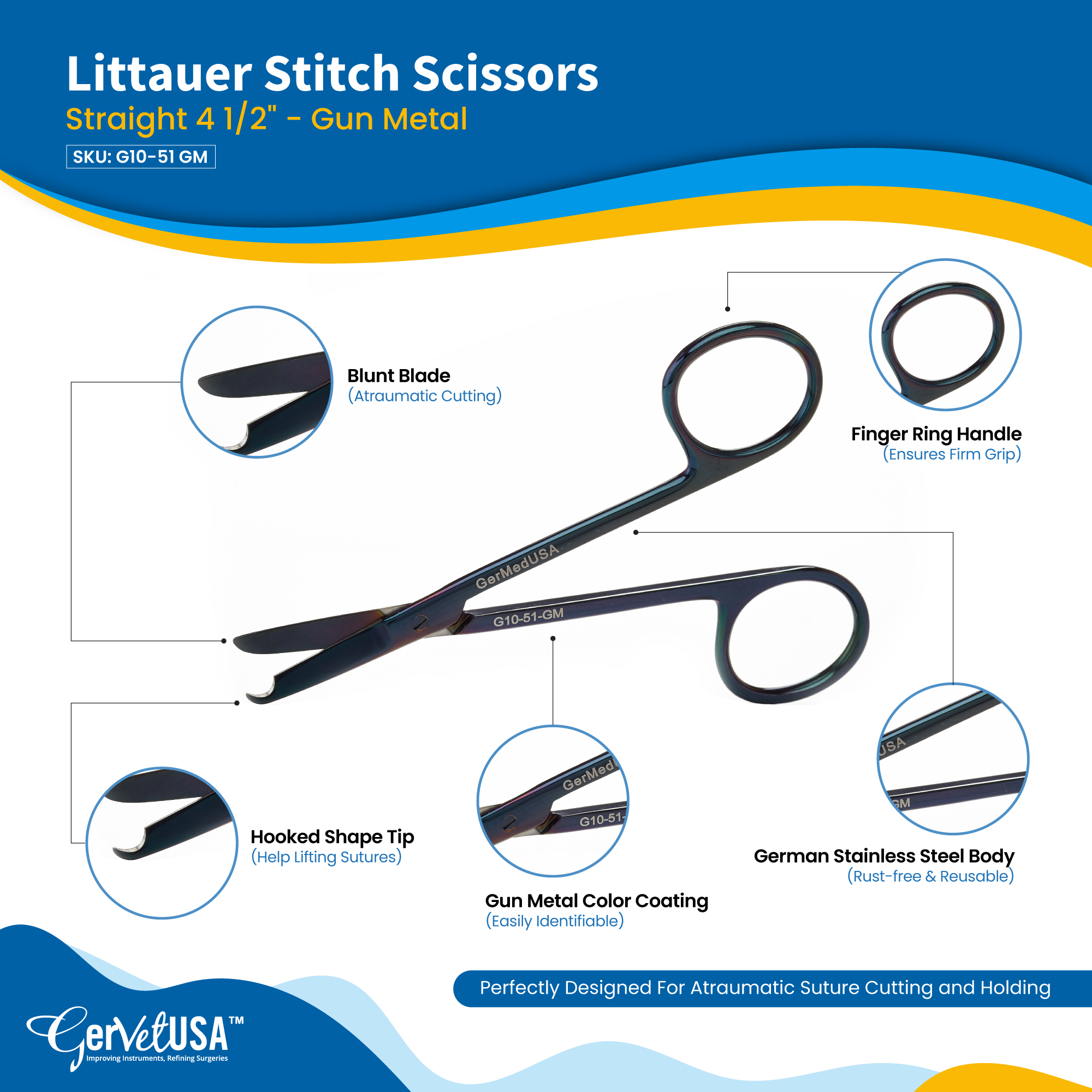 Littauer Stitch Scissors Straight 4 1/2" - Gun Metal