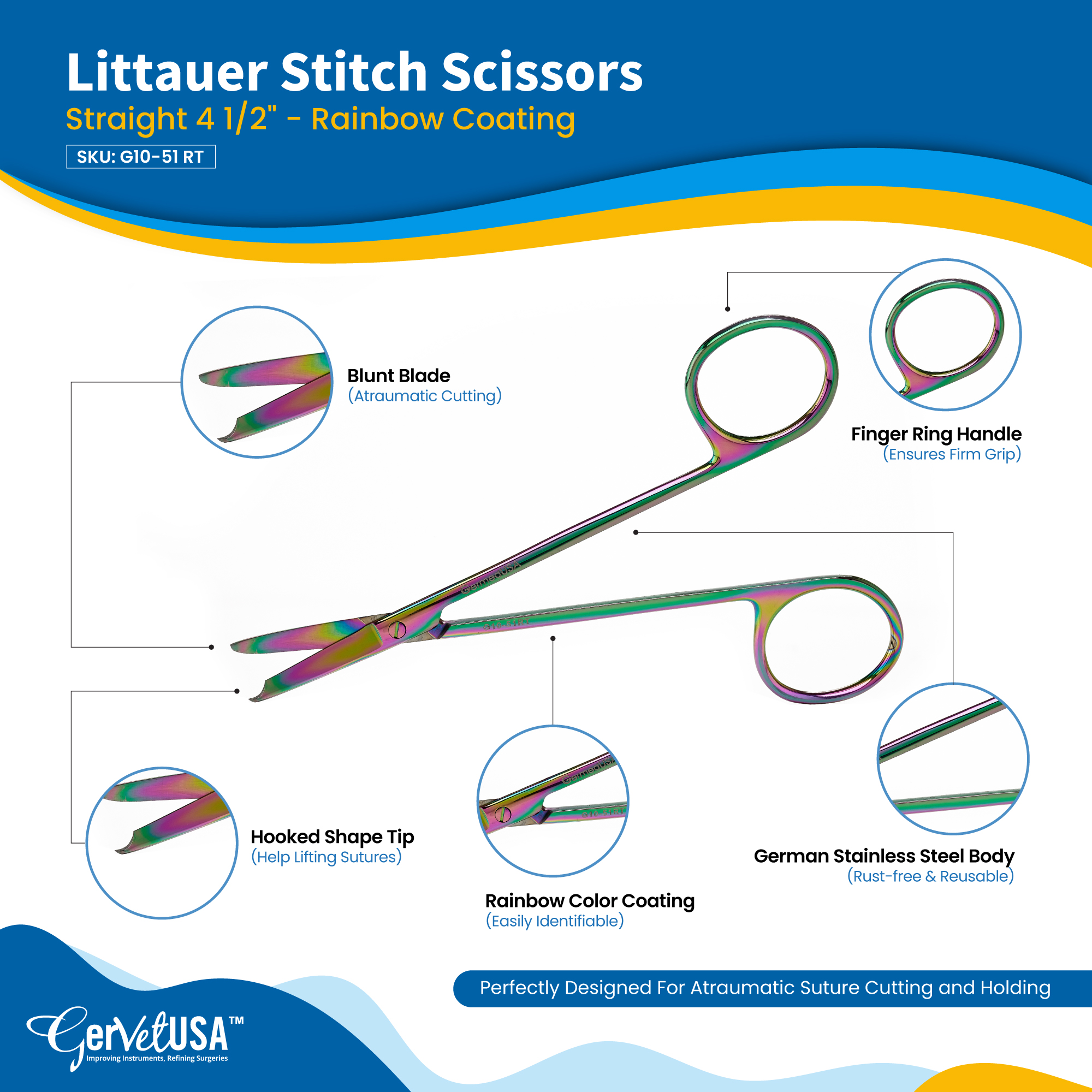 Littauer Stitch Scissors Straight 4 1/2" - Rainbow Coating