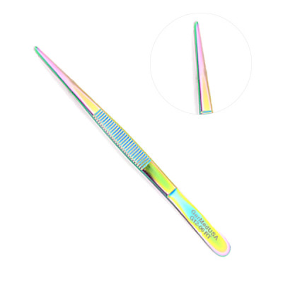 Thumb Forceps 5 1/2 inch Serrated, Rainbow Color Coated