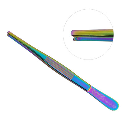 Thumb Tissue Forceps 5 inch 1x2 Teeth, Rainbow Coated