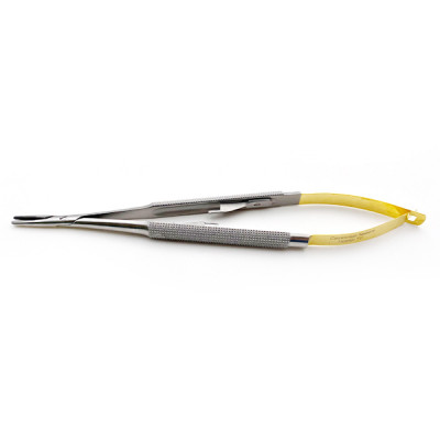 Castroviejo Micro Surgical Needle Holder 5 1/2 inch Serrated  Curved With Catch  Round Body Style  Tungsten Carbide