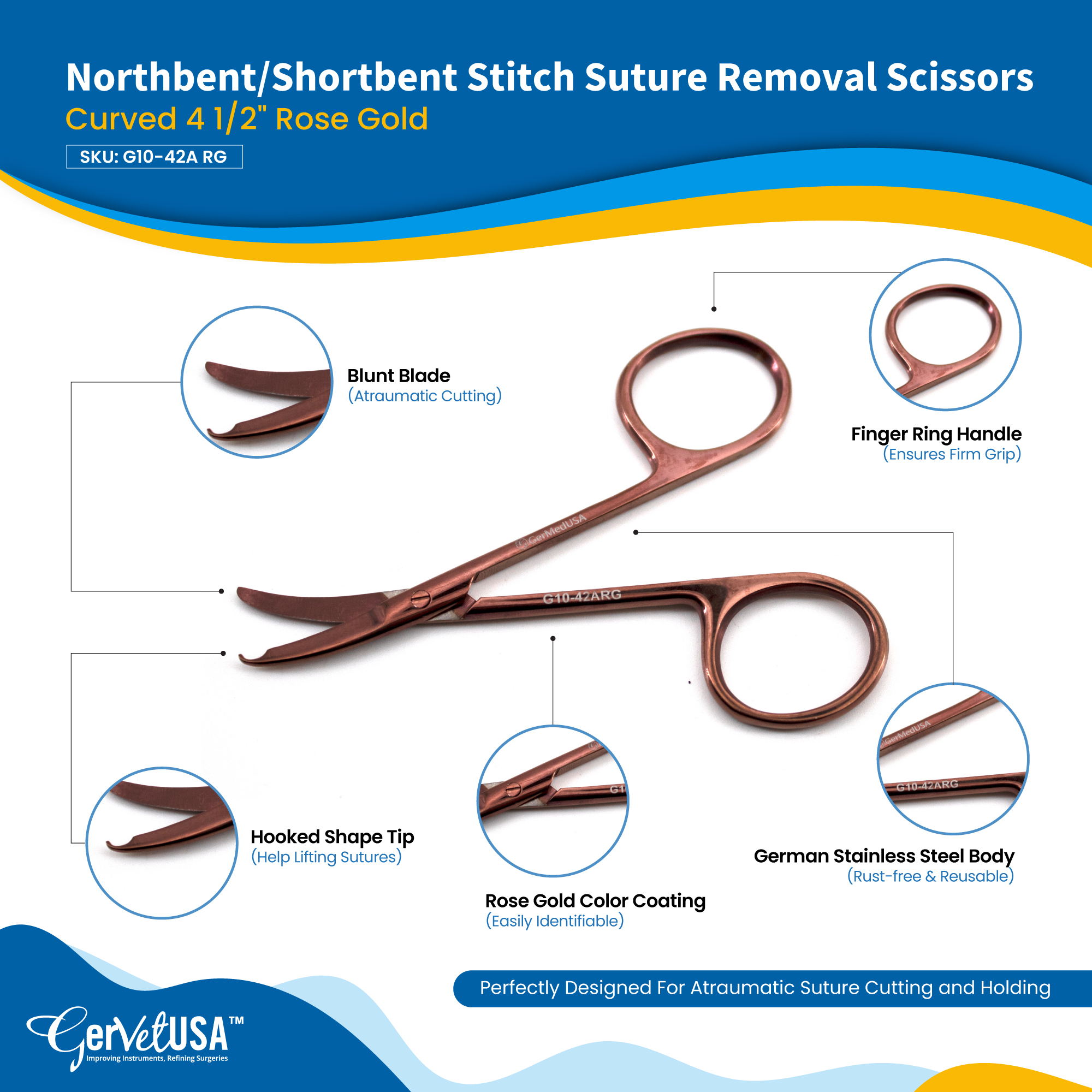 Northbent/Shortbent Stitch Suture Removal Scissors Curved 4 1/2" Rose Gold