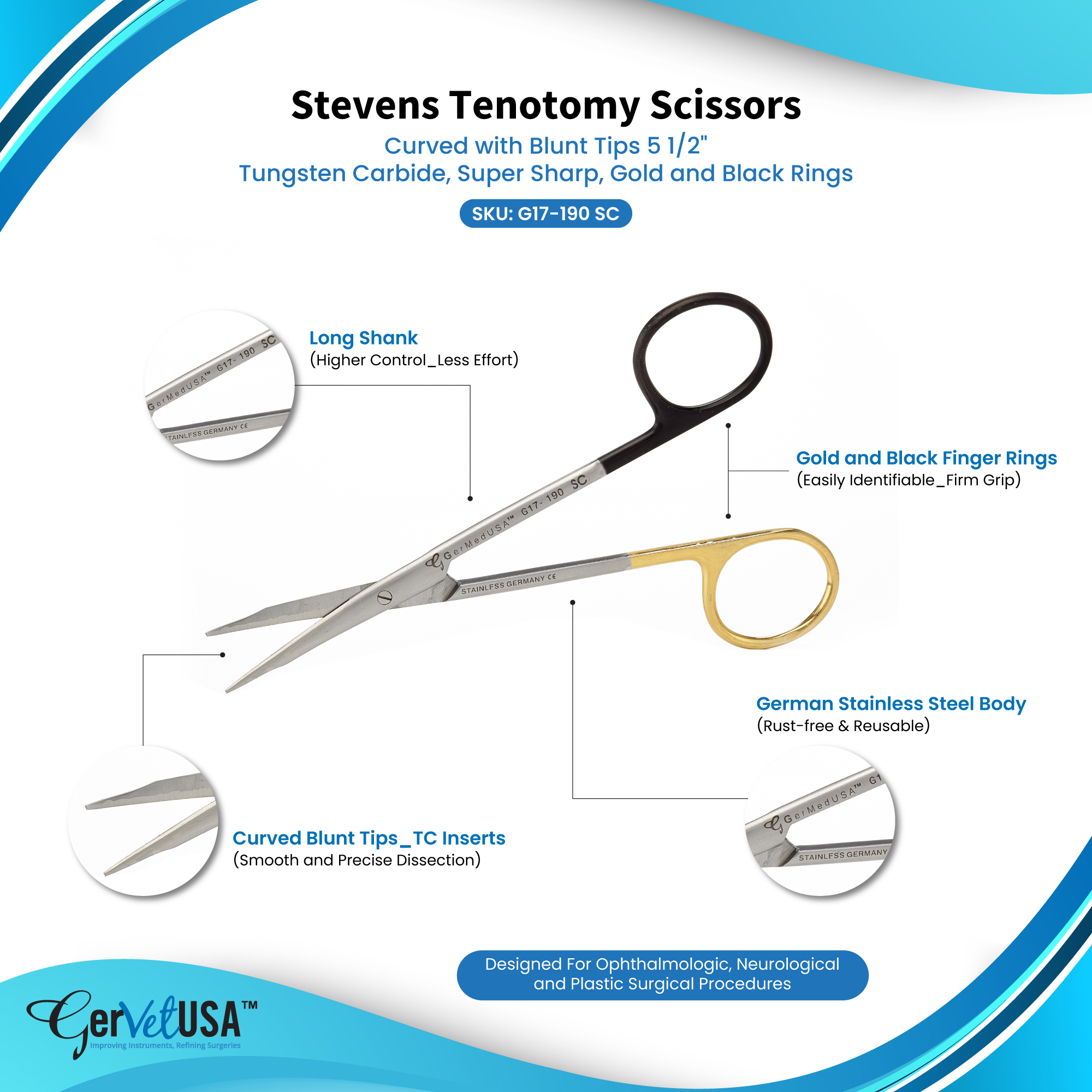 Stevens Tenotomy Scissors Curved with Blunt Tips 5 1/2", Tungsten Carbide, Super Sharp, Gold and Black Rings