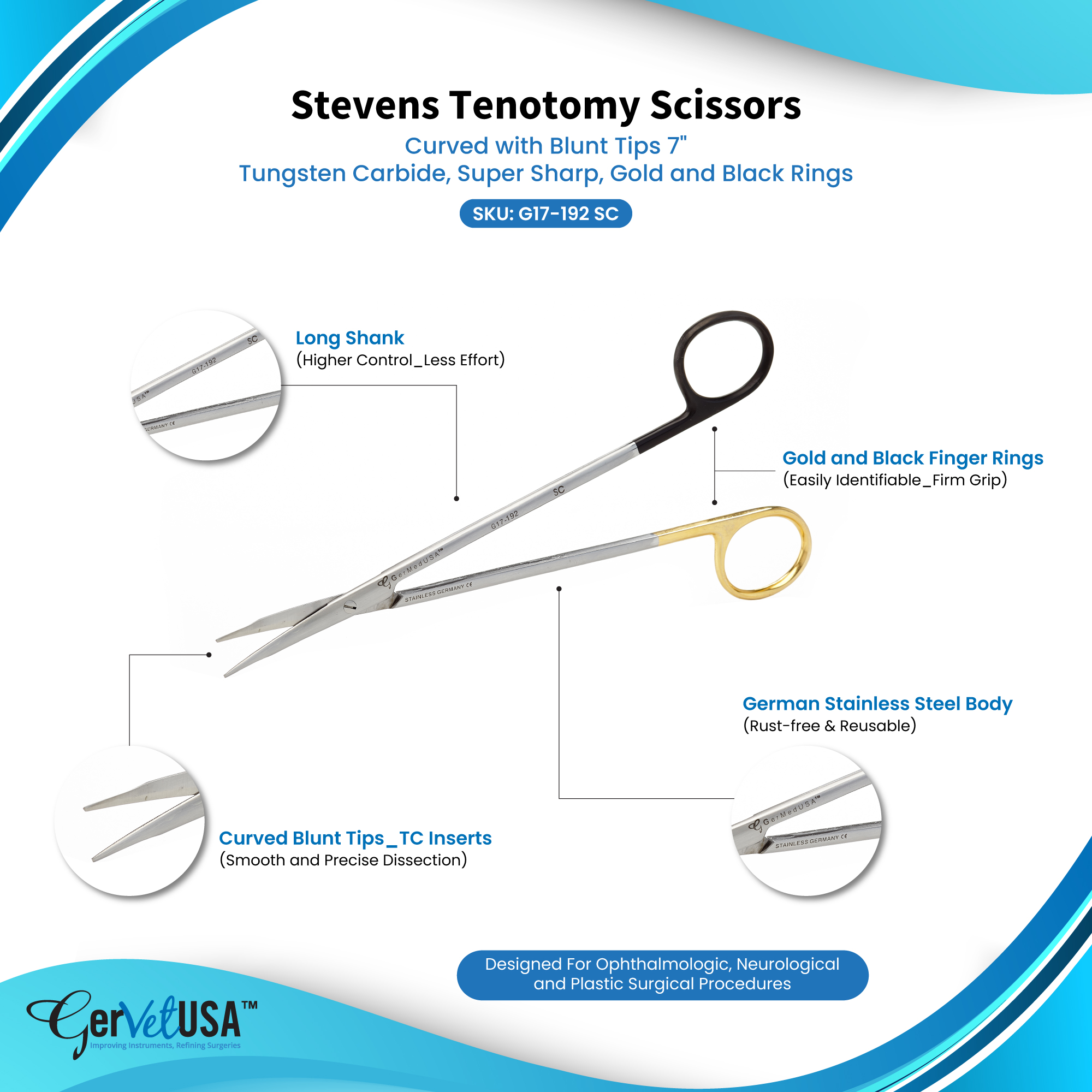 Stevens Tenotomy Scissors Curved with Blunt Tips 7", Tungsten Carbide, Super Sharp, Gold and Black Rings