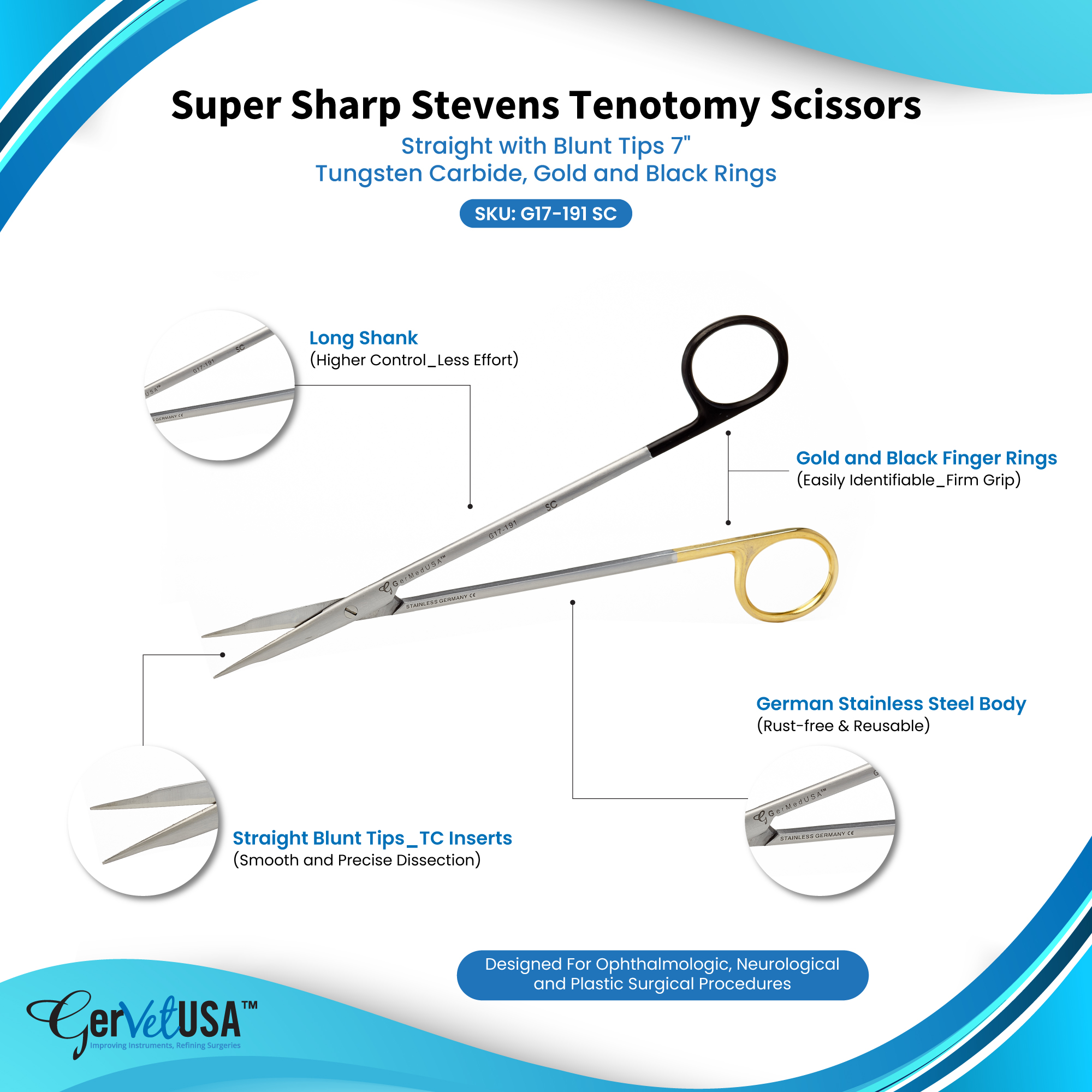 Super Sharp Stevens Tenotomy Scissors Straight with Blunt Tips 7" - Tungsten Carbide, Gold and Black Rings