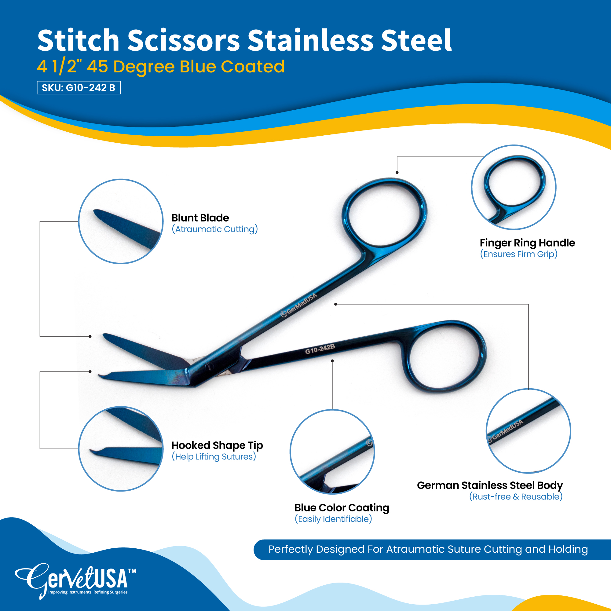 Stitch Scissors Stainless Steel 4 1/2" 45 Degree Blue Coated