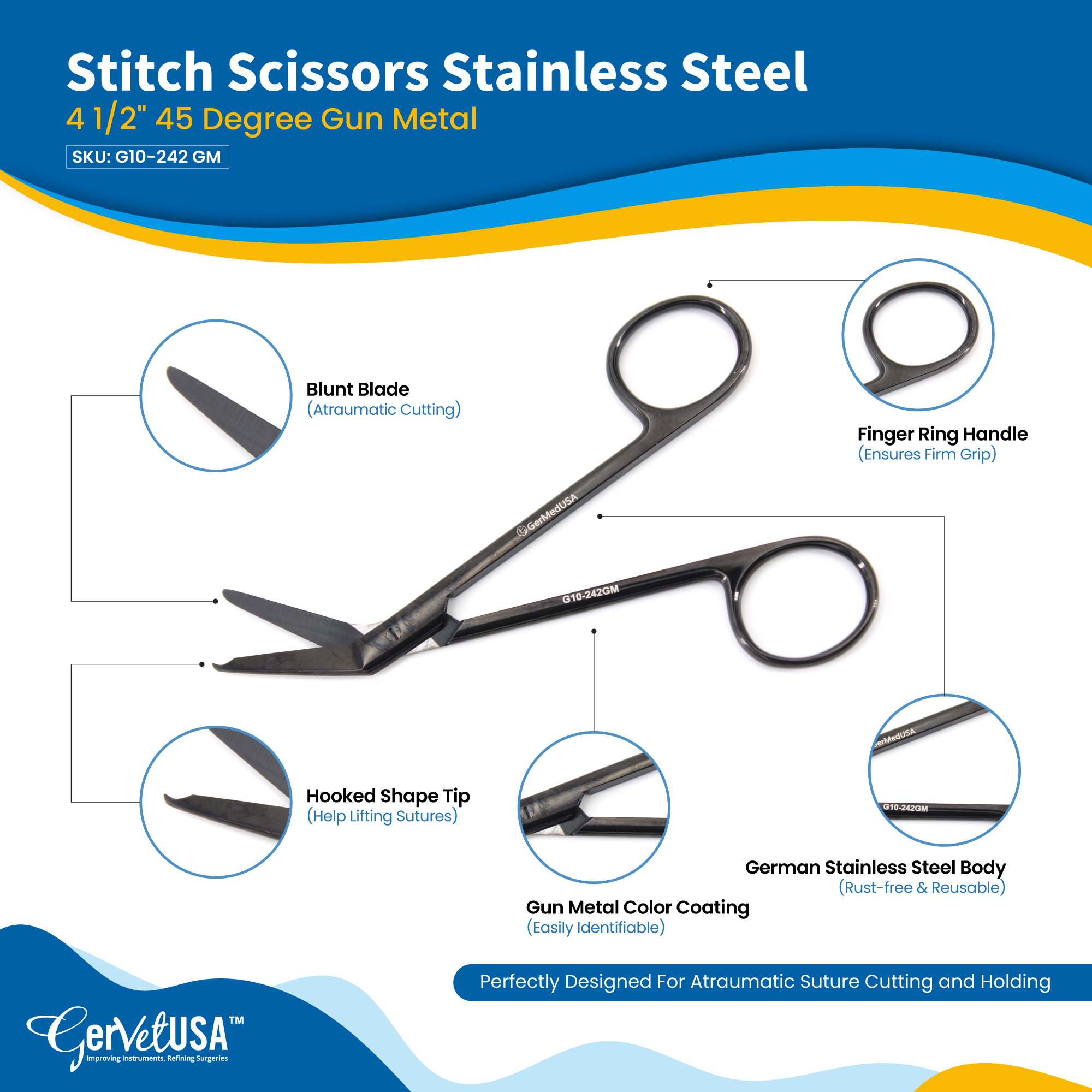Stitch Scissors Stainless Steel 4 1/2" 45 Degree Gun Metal