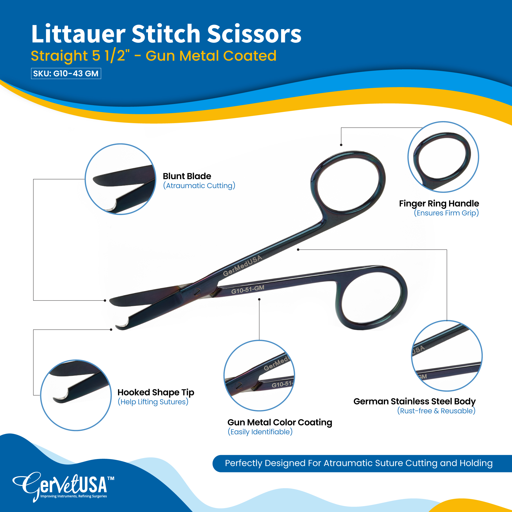 Littauer Stitch Scissors 5 1/2" Gun Metal Coating