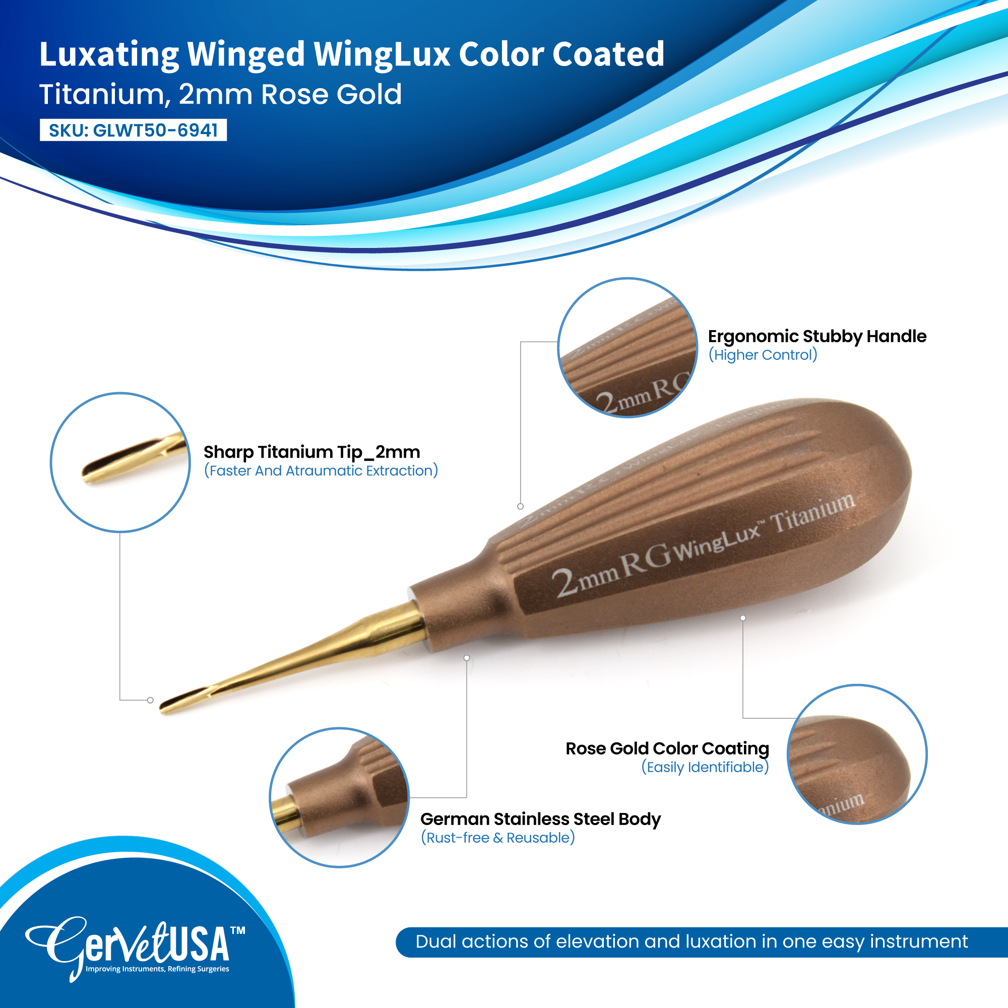 Luxating Winged WingLux Color Coated Titanium, 2mm Rose Gold