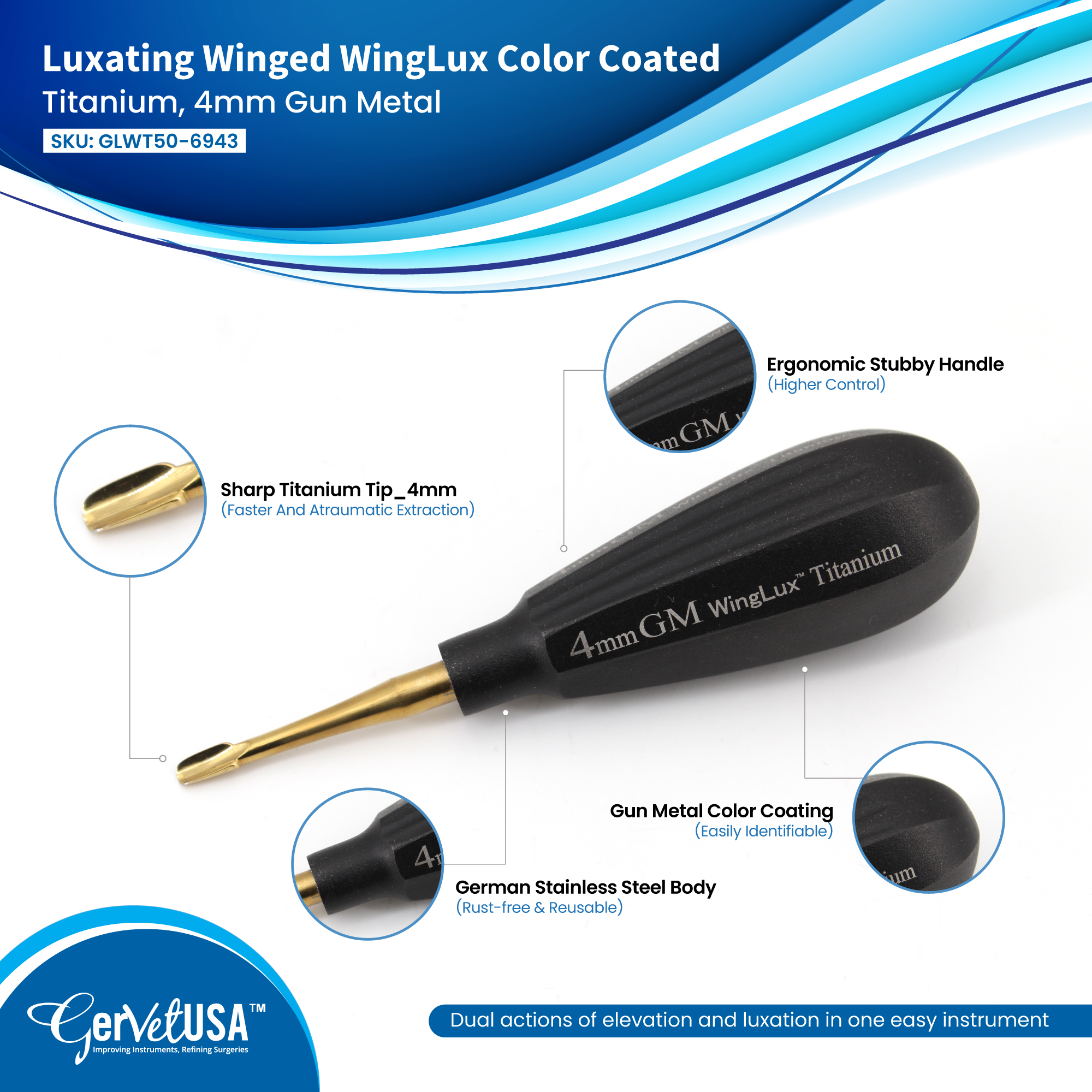 Luxating Winged WingLux Color Coated Titanium, 4mm Gun Metal
