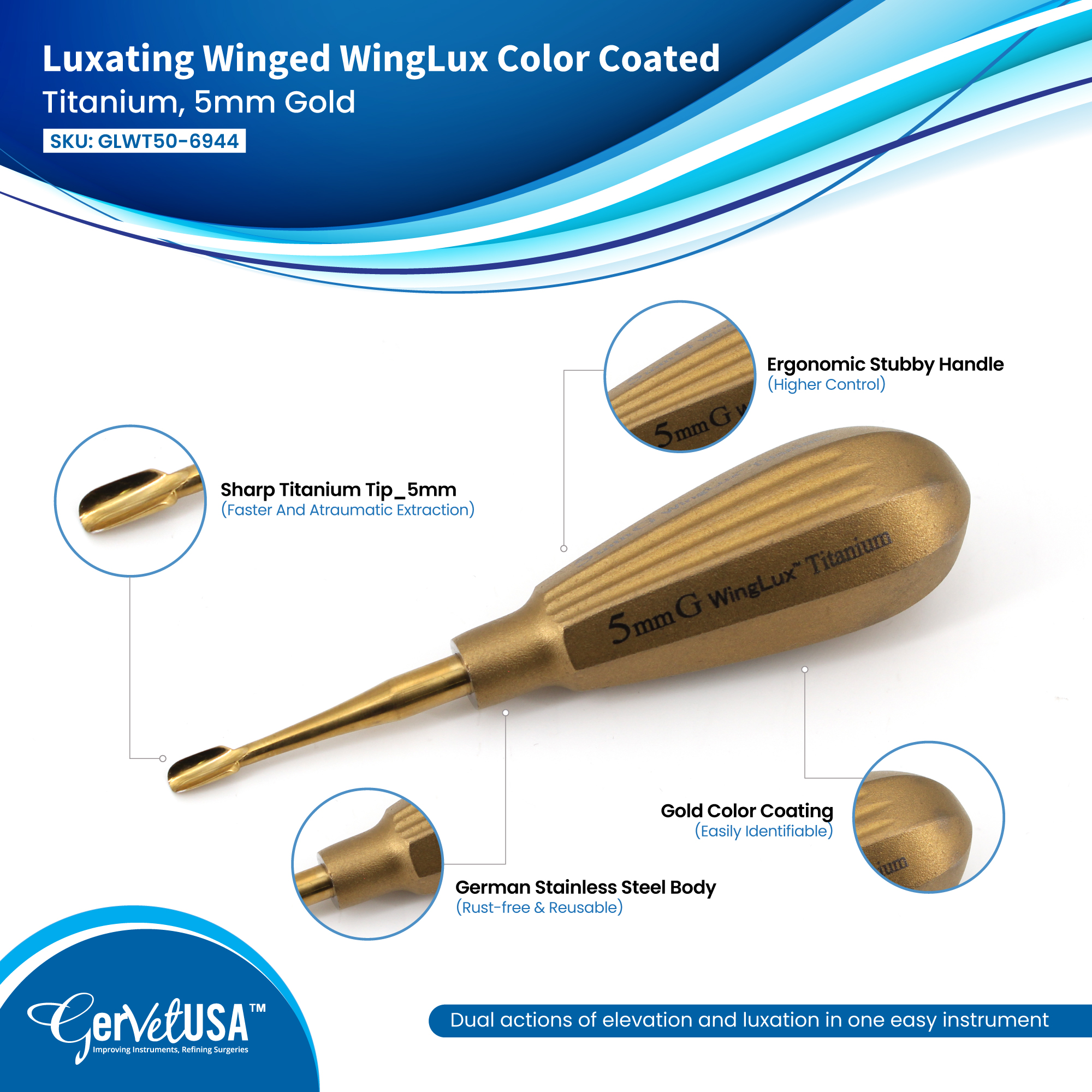 Luxating Winged WingLux Color Coated Titanium, 5mm Gold