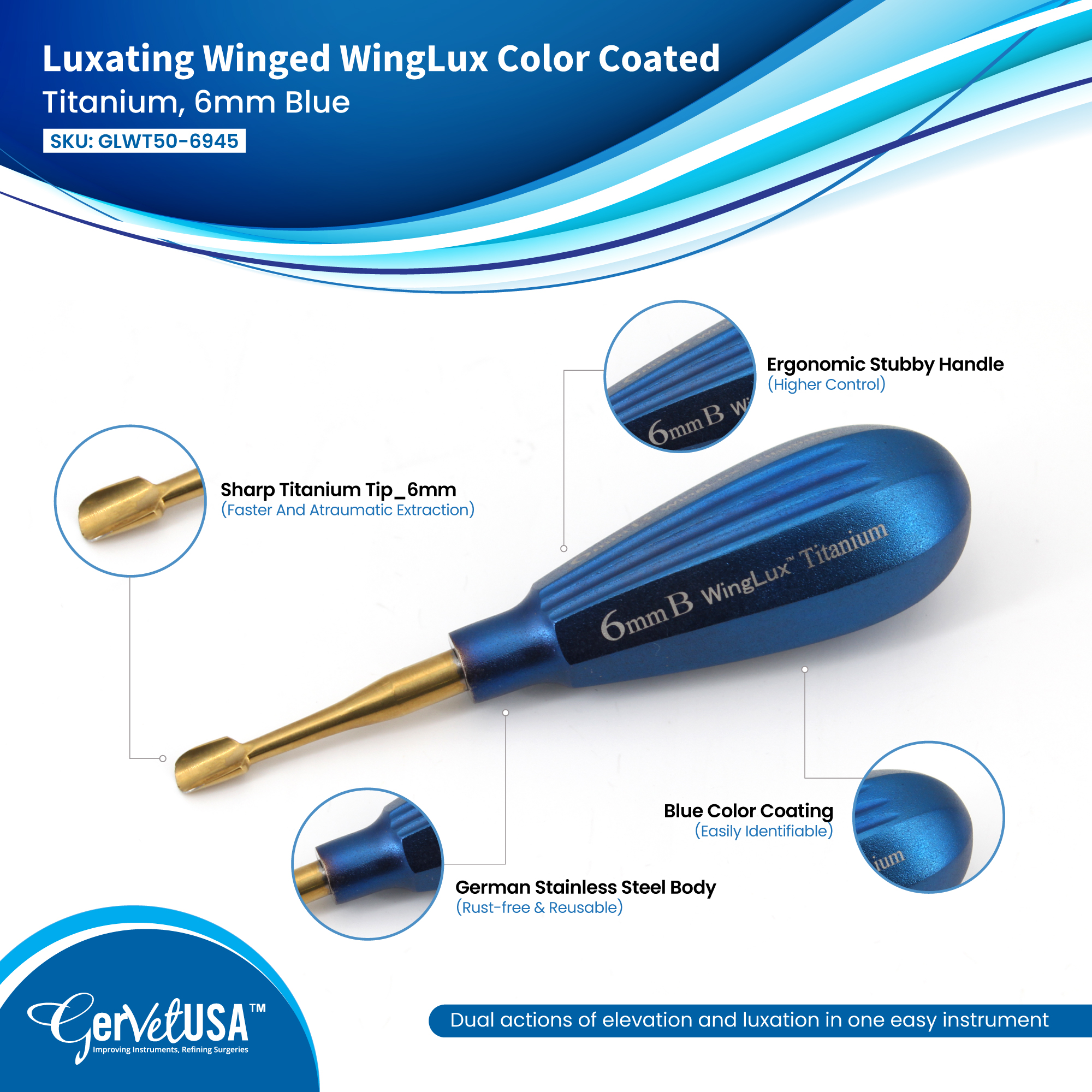 Luxating Winged WingLux Color Coated Titanium, 6mm Blue